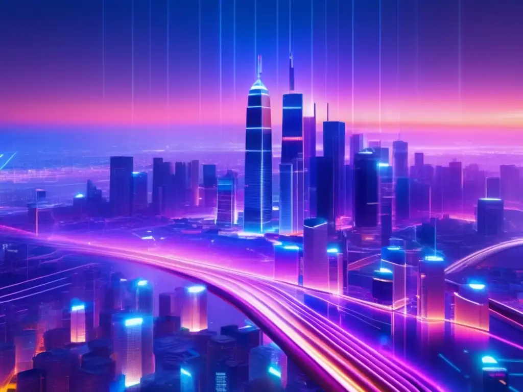 Futurista ciudad nocturna con rascacielos iluminados y datos fluyendo Futurista ciudad con rascacielos, luces neón y análisis de Big Data en Fintech