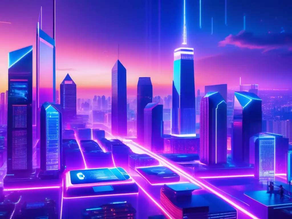 Futurista ciudad con rascacielos, luces neón y transacciones financieras blockchain