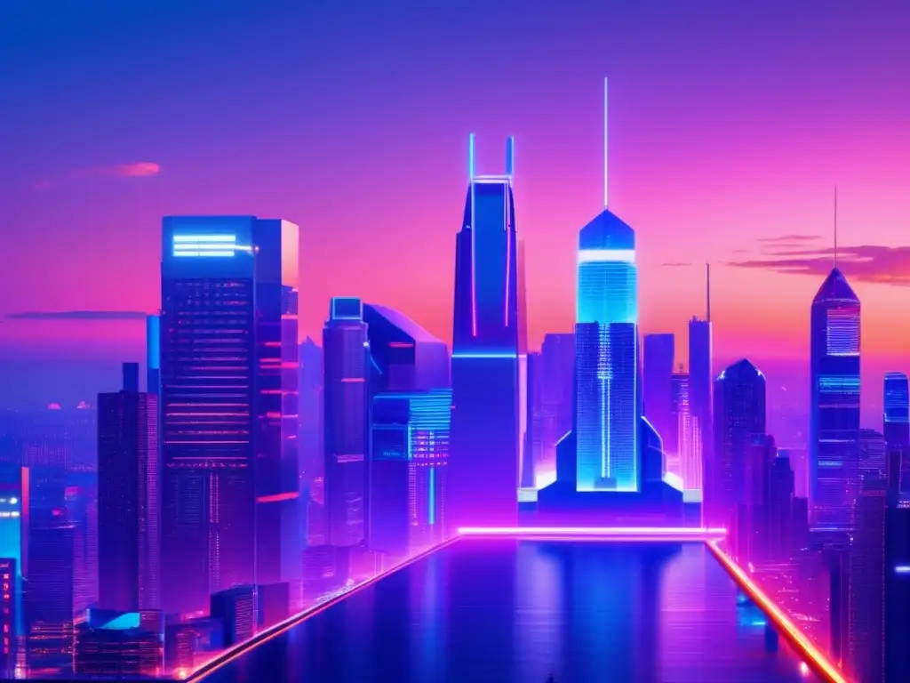 Futuro financiero con rascacielos y robot Futurista ciudad con rascacielos, luces neón y un robot analizando datos en holograma