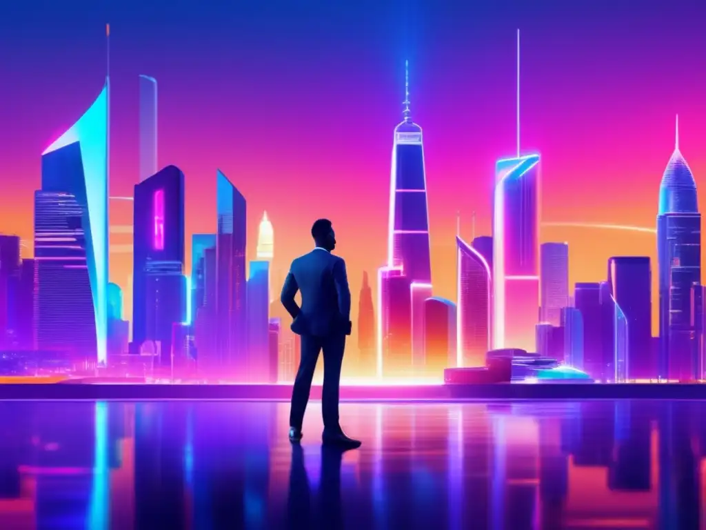Futuro skyline con rascacielos y tecnología Futurista ciudad con rascacielos, luces neón, logotipos FinTech y persona con tablet