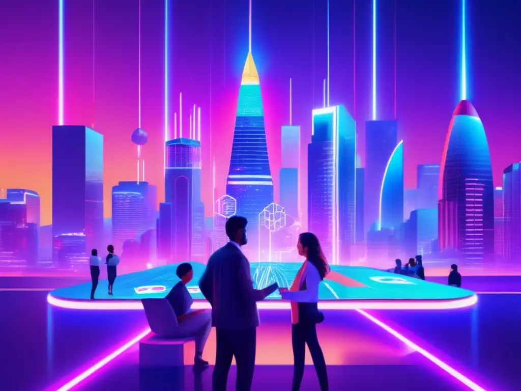 Futuro ciudad cripto: rascacielos, luces neon, comunidad global Futurista ciudad con rascacielos, luces neón y comunidad global discutiendo regulación criptomonedas