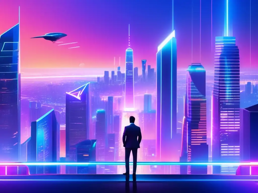 Futuro urbano: ciudad vibrante y tecnológica Guía DeFi: Futurista ciudad con rascacielos, luces de neón y persona en traje de negocios con tablet