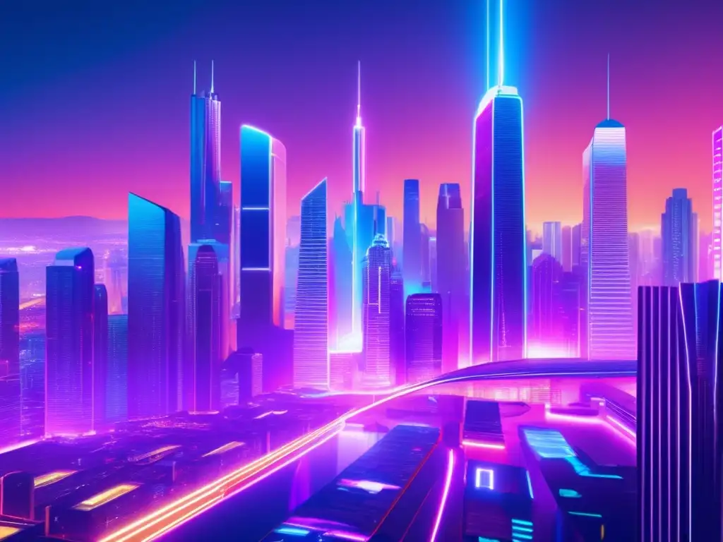 Futurista ciudad con rascacielos, realidad virtual y DeFi Futurista ciudad con rascacielos, luces neón y tecnología financiera: Solana vs Ethereum