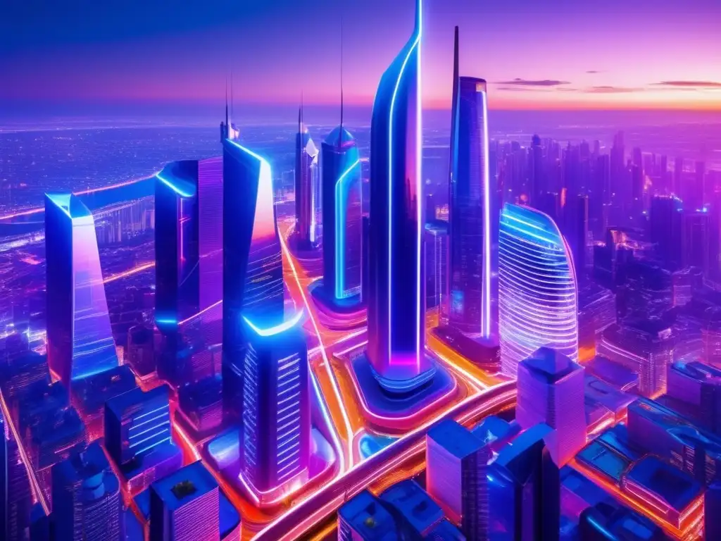 Ciudad futurista con luces neón Futurista ciudad con rascacielos, luces de neón y profesionales analizando estrategias financieras 2023