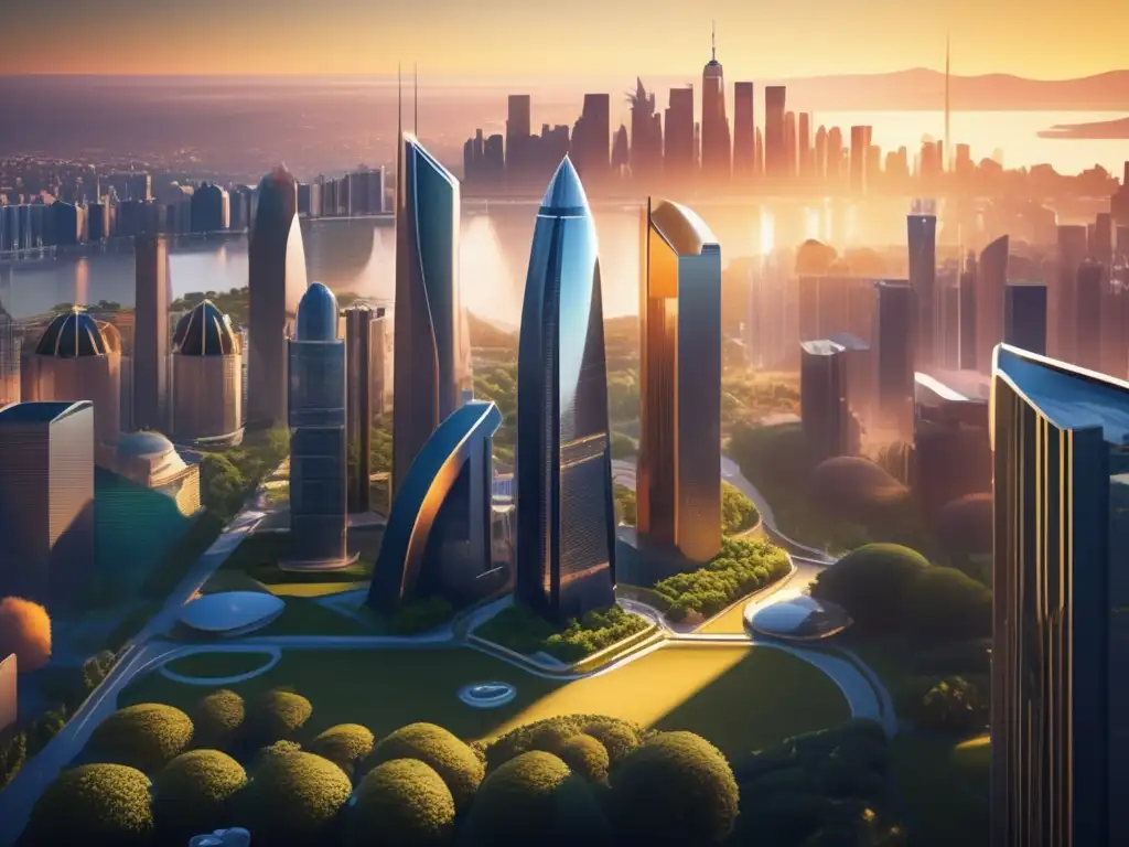 Futurista ciudad con rascacielos y paisajes urbanos Futurista ciudad con rascacielos, luz dorada al atardecer, naturaleza y profesionales evaluando inversiones inmobiliarias