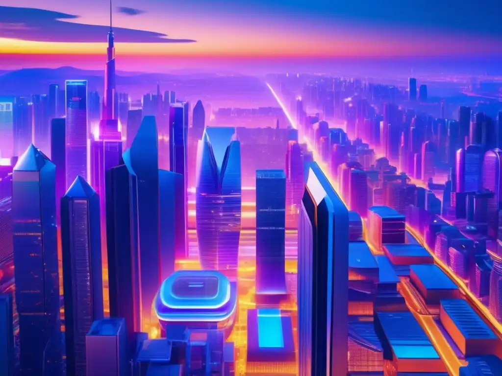 Ciudad futurista con rascacielos modernos Futurista ciudad con rascacielos modernos, luces coloridas y transporte avanzado