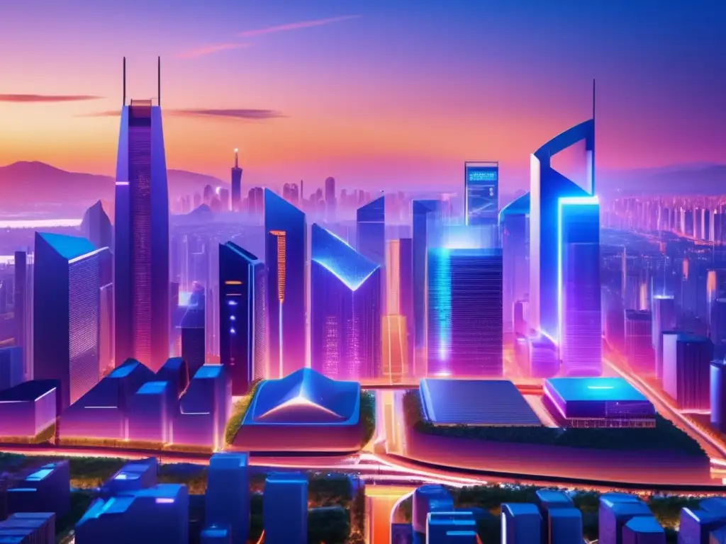 Ciudad futurista con rascacielos y crecimiento financiero Futurista ciudad con rascacielos modernos y naturaleza exuberante, simbolizando la multiplicación de riqueza con interés compuesto