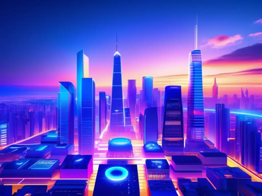 Futurista ciudad con rascacielos y medias móviles Futurista ciudad al anochecer con rascacielos modernos y gráficos iluminados representando