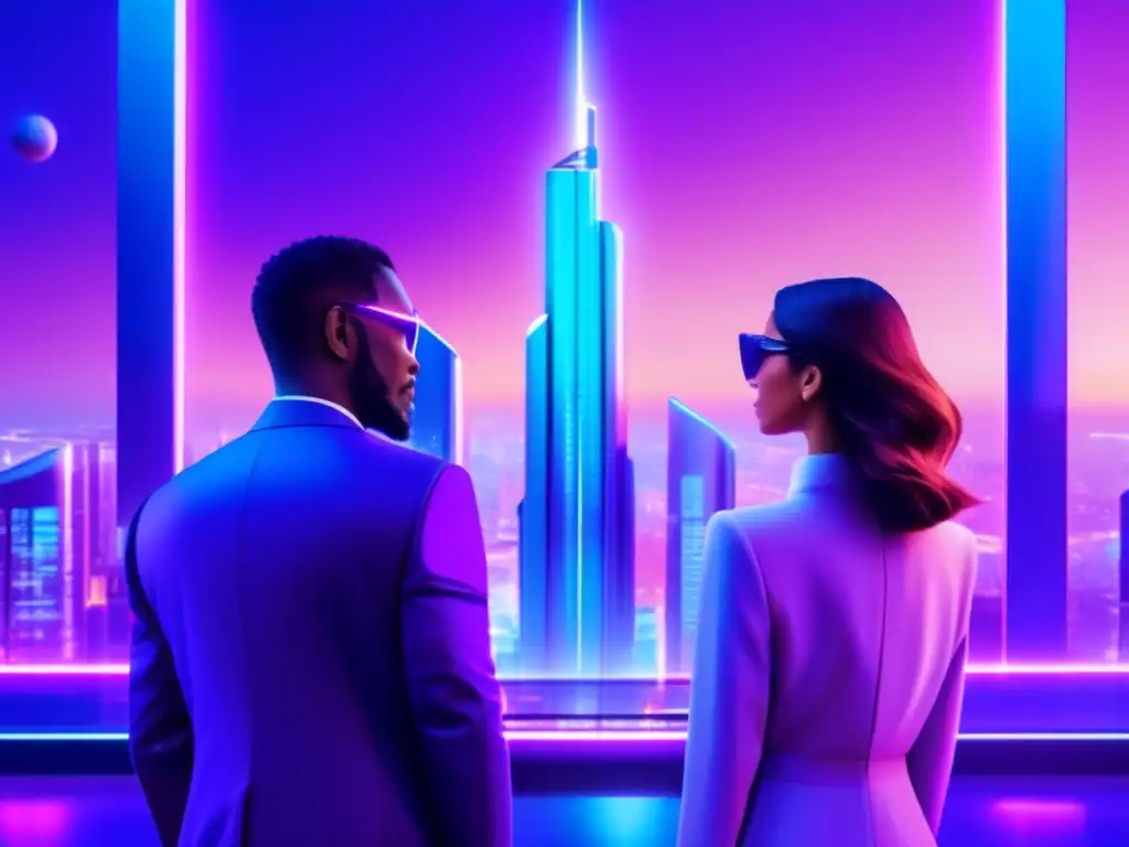 Futurista ciudad con roboadvisors Futurista ciudad con rascacielos modernos, roboadvisors y tecnología avanzada que refleja ventajas y desventajas de roboadvisors