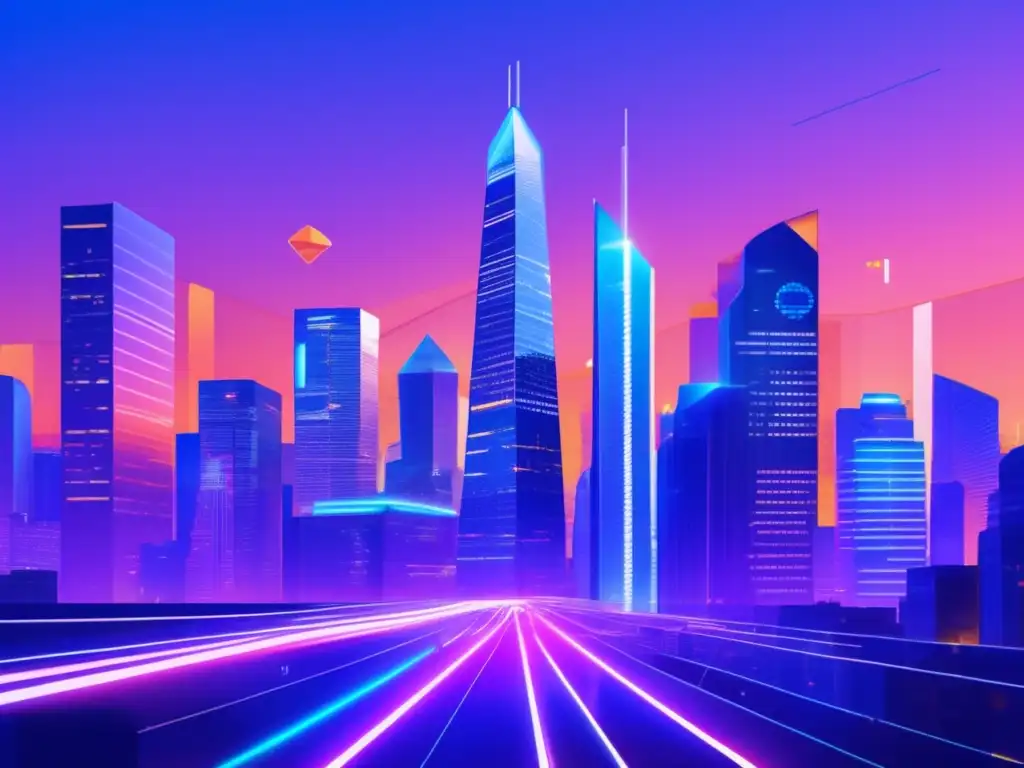 Ciudad futurista con rascacielos y criptomonedas Futurista ciudad con rascacielos, pantallas digitales y profesionales diversificados discutiendo, Fintech democratizando dinero digital
