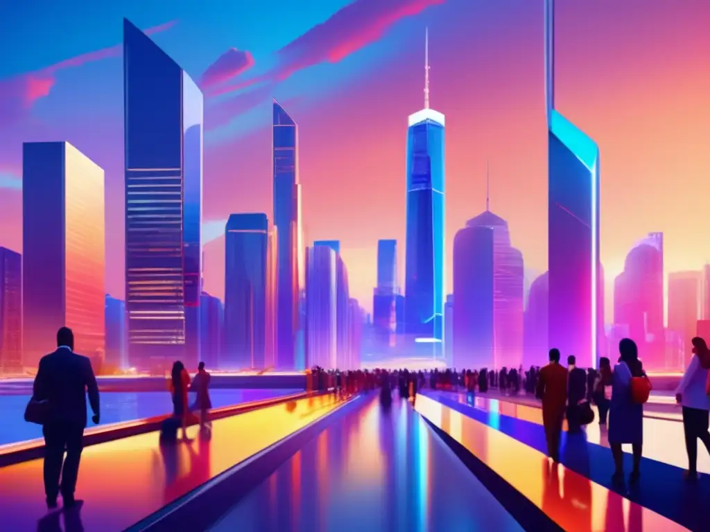 Futuro financiero diverso Futurista ciudad con rascacielos, personas diversificando inversiones