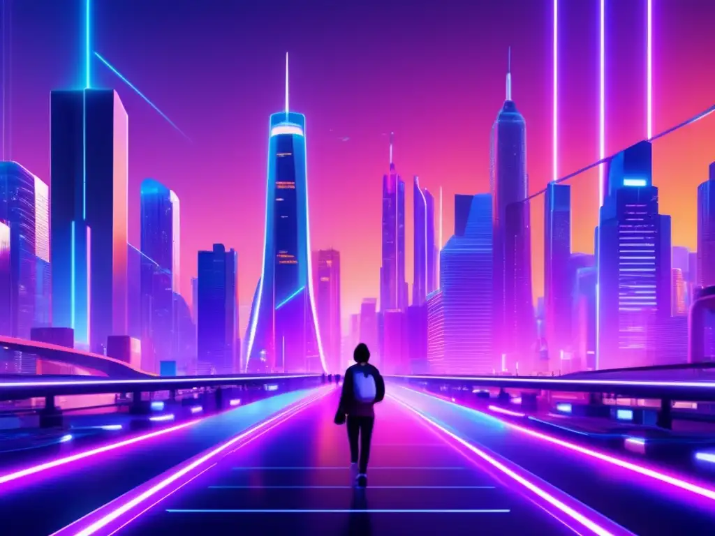 Futurista ciudad y yield farming Futurista ciudad con rascacielos, puentes y luces de neón