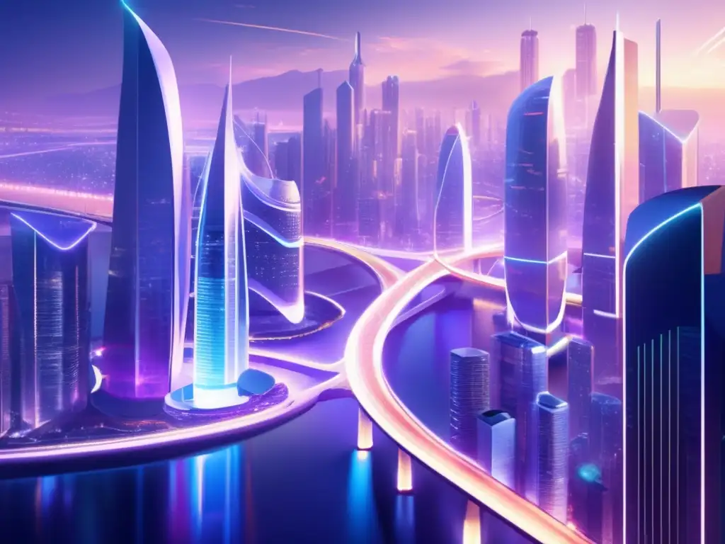 Futuro ciudad interconectada con blockchain Futurista ciudad con rascacielos, puentes y personas discutiendo: Ventajas de invertir en Cosmos