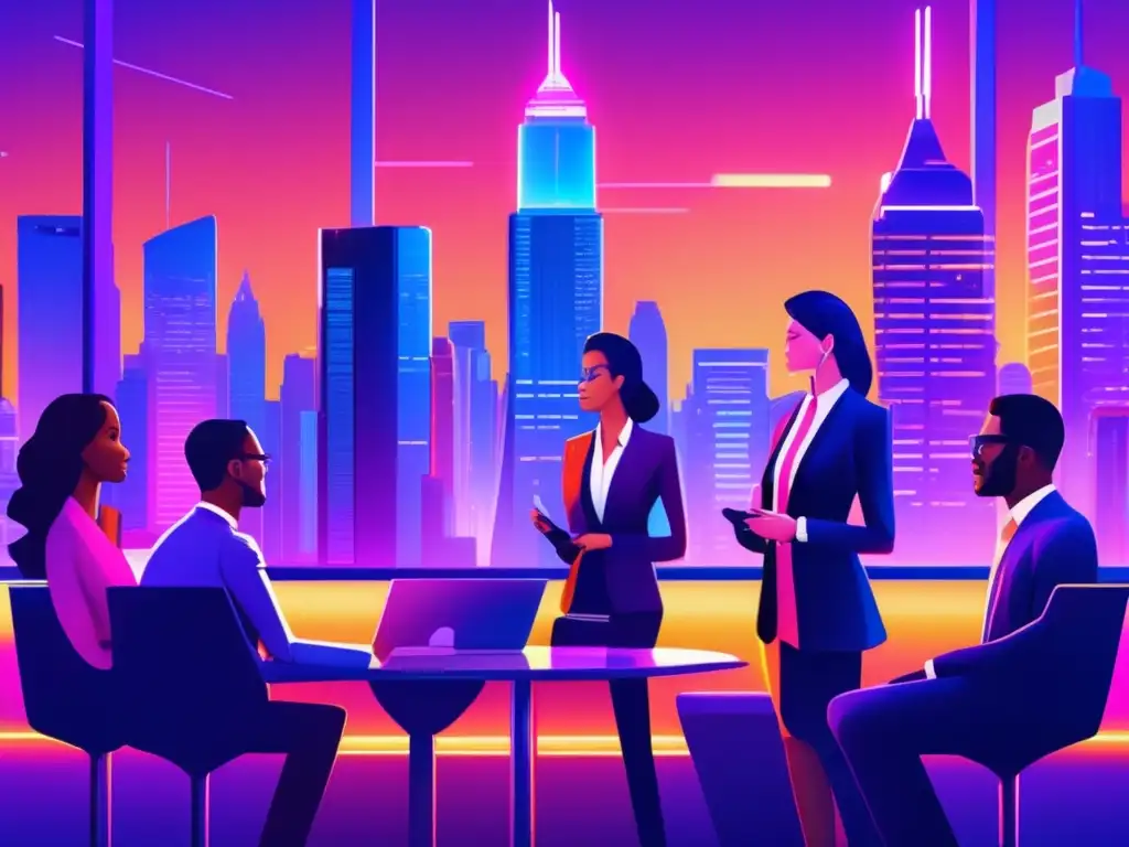 Futurista ciudad con rascacielos y profesionales Futurista ciudad con rascacielos relucientes y profesionales analizando inversiones potenciales en holograma
