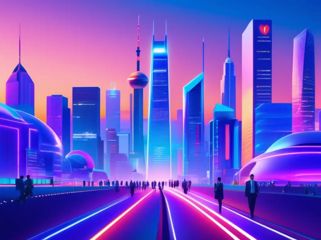 Futuro de la salud: ciudad vibrante Futurista ciudad con rascacielos, señales de empresas de salud, vehículos autónomos y conversación sobre estrategias de inversión en salud