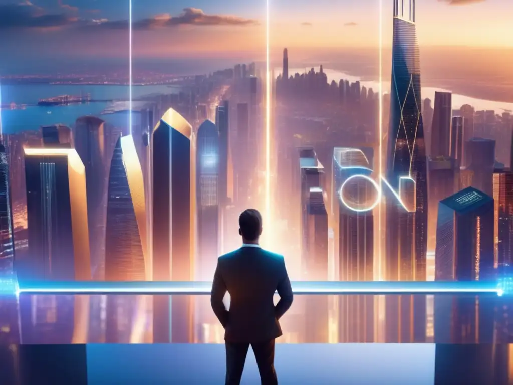 Futuro ciudad financiera descentralizada Futurista ciudad con rascacielos, tecnología avanzada y criptomonedas: Origen del Bitcoin: Impacto en Finanzas