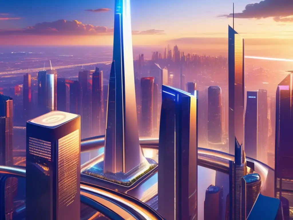 Ciudad futurista con rascacielos y tecnología avanzada Futurista ciudad con rascacielos, tecnología avanzada, inversiones en megatendencias tecnológicas