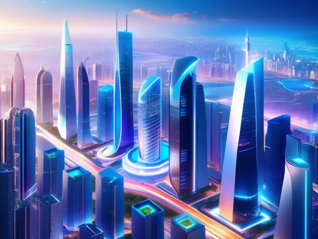 Futurista ciudad con arquitectura innovadora Futurista ciudad con rascacielos, tecnología y regulación cripto