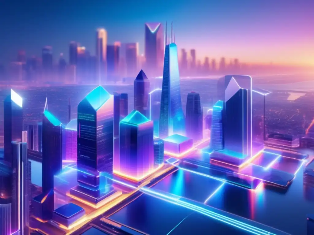 Futuro financiero con DeFi Futurista ciudad con rascacielos, tecnología y transacciones financieras: Guía completa DeFi para principiantes