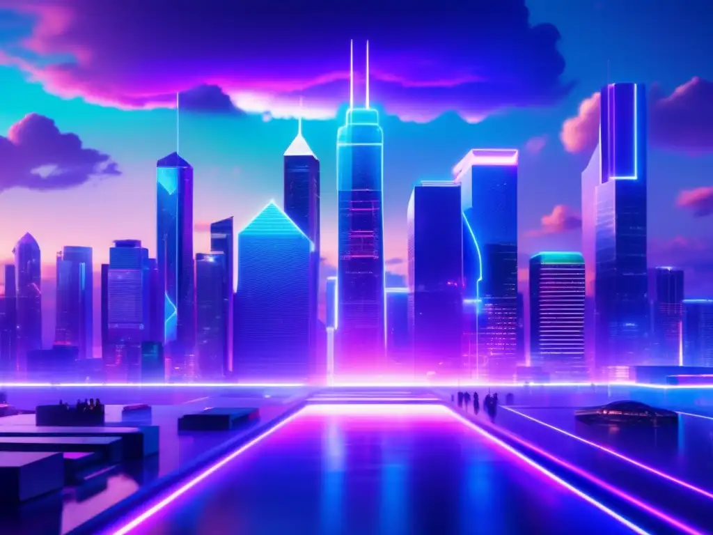 Futuro ciudad tecnológica Futurista ciudad con rascacielos y tecnología blockchain: 'Desentrañando Blockchain: Revolución financiera asegurada'