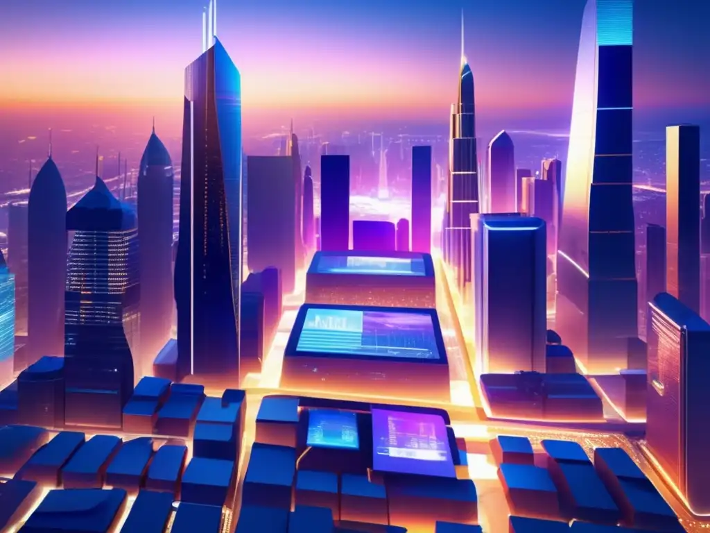 Futurista ciudad financiera en 8K Futurista ciudad con rascacielos, tecnología avanzada y financieros en trajes discutiendo y haciendo transacciones