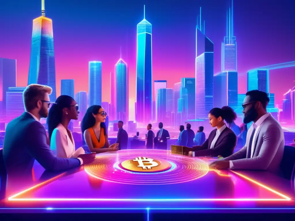 Futuro de la ciudad: tecnología y regulaciones Futurista ciudad con rascacielos, tecnología avanzada y discusión sobre ética, leyes y sustentabilidad en criptomonedas