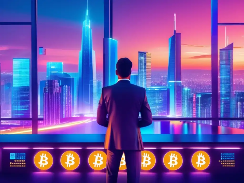 Ciudad futurista con Bitcoin y criptomonedas Futurista ciudad con rascacielos, Bitcoin y tecnología