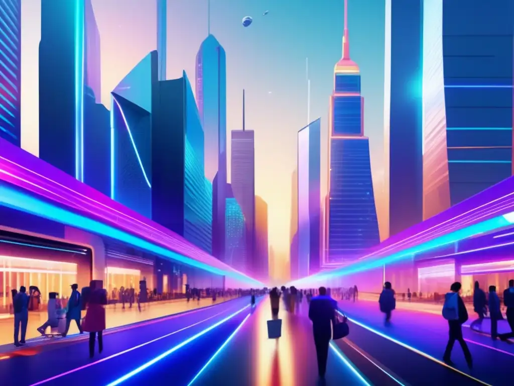 Futuro ciudad ecommerce Ilustración futurista de una ciudad con rascacielos y tecnología avanzada, destacando estrategias de inversión en comercio electrónico