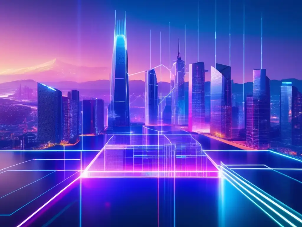 Ciudad futurista con rascacielos transparentes y tecnología blockchain Futurista ciudad con rascacielos transparentes, luces neón y red blockchain