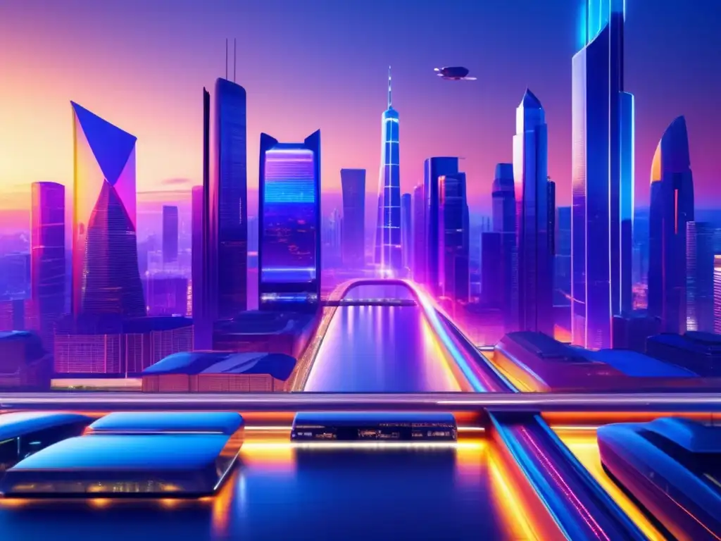 Futurista ciudad al atardecer con tecnología y diversidad Futurista ciudad con rascacielos, trenes de alta velocidad y profesionales diversificados discutiendo estrategias de inversión