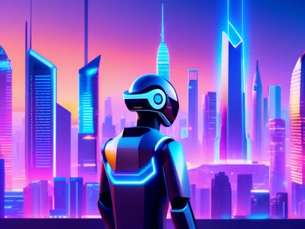 Ciudad futurista con rascacielos y AI Futurista ciudad con rascacielos, IA para valoración de activos, hologramas, datos financieros y luces neón