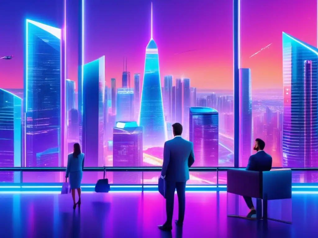 Ciudad futurista con rascacielos de vidrio y acero, criptomonedas y regulaciones Futurista ciudad con rascacielos vibrantes y hologramas de criptomonedas