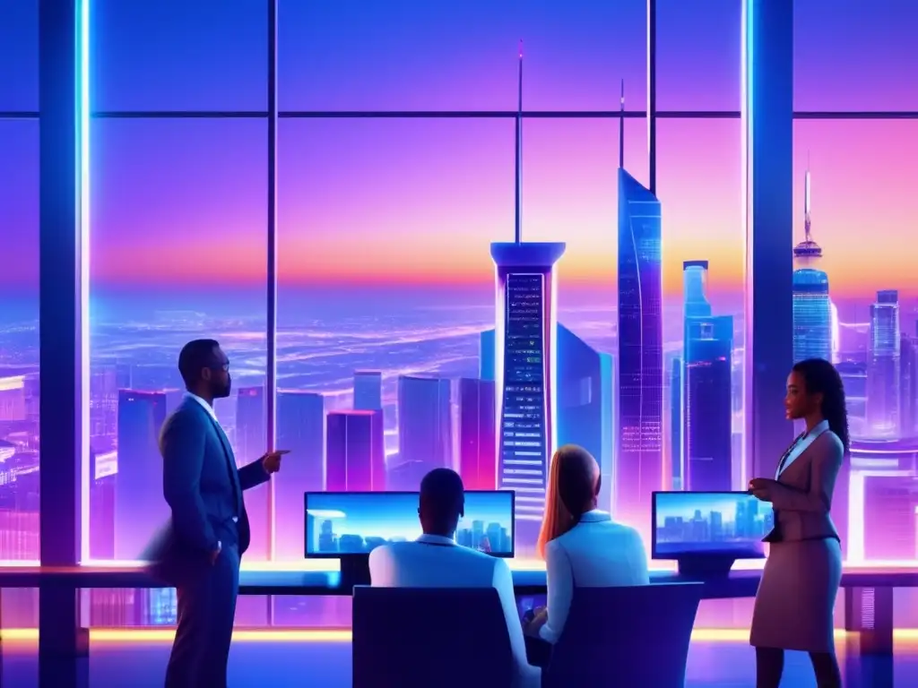 Futuroso paisaje urbano con profesionales colaborando Futurista ciudad con rascacielos vibrantes y profesionales discutiendo - Estrategias de inversión en mercados emergentes