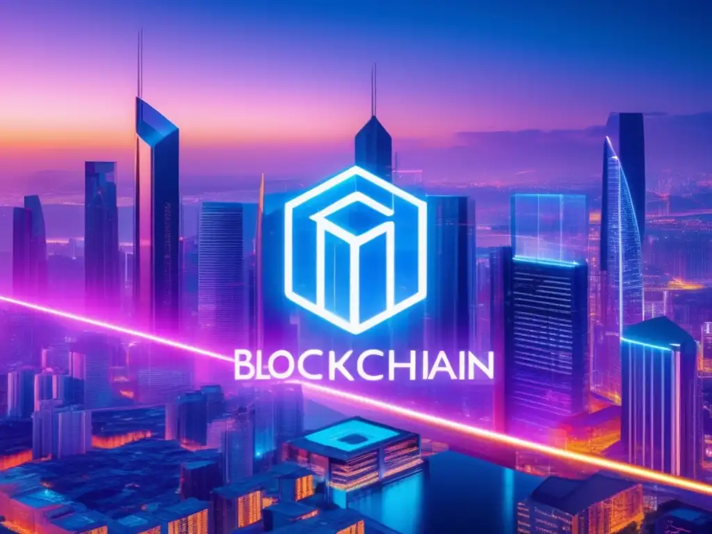 Ciudad futurista con rascacielos de cristal y acero, tecnología blockchain Futurista ciudad con rascacielos de vidrio y acero, luces neón brillantes y símbolo blockchain transparente