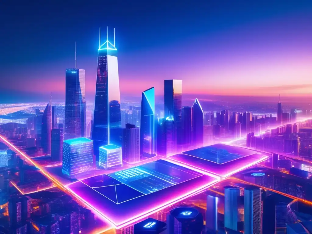 Futuro criptográfico en la metrópolis Futurista ciudad con rascacielos de vidrio y acero transparente, tecnología blockchain, criptomonedas y vehículos voladores