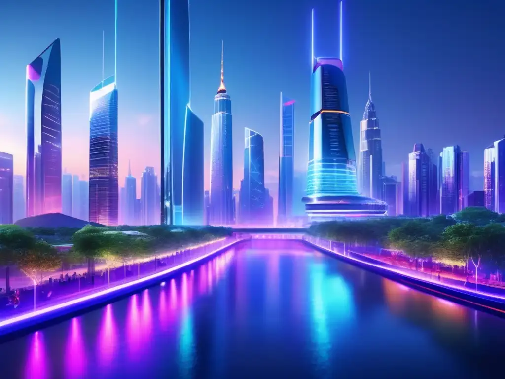 Futuroso cityscape con rascacielos de vidrio y acero, rodeado de naturaleza, profesionales colaborando en tecnología y finanzas - Futurista ciudad con rascacielos de vidrio y acero, colaboración en tecnología y finanzas