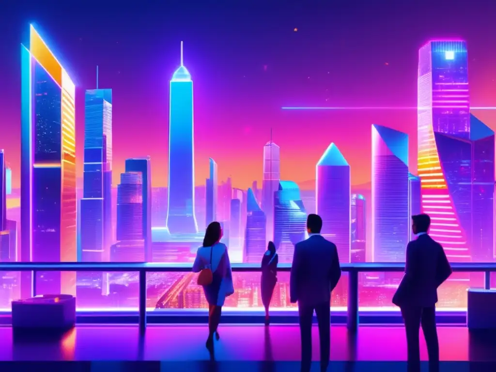 Futuro urbano con criptomonedas y regulación Futurista ciudad con rascacielos de vidrio y acero, neones brillantes y hologramas de criptomonedas