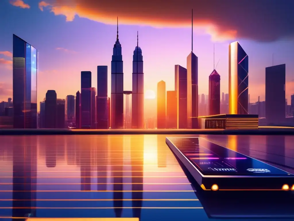 Ciudad futurista con rascacielos de cristal y acero Futurista ciudad con rascacielos vidrio y acero, regulación en exchanges de criptomonedas, tecnología financiera avanzada