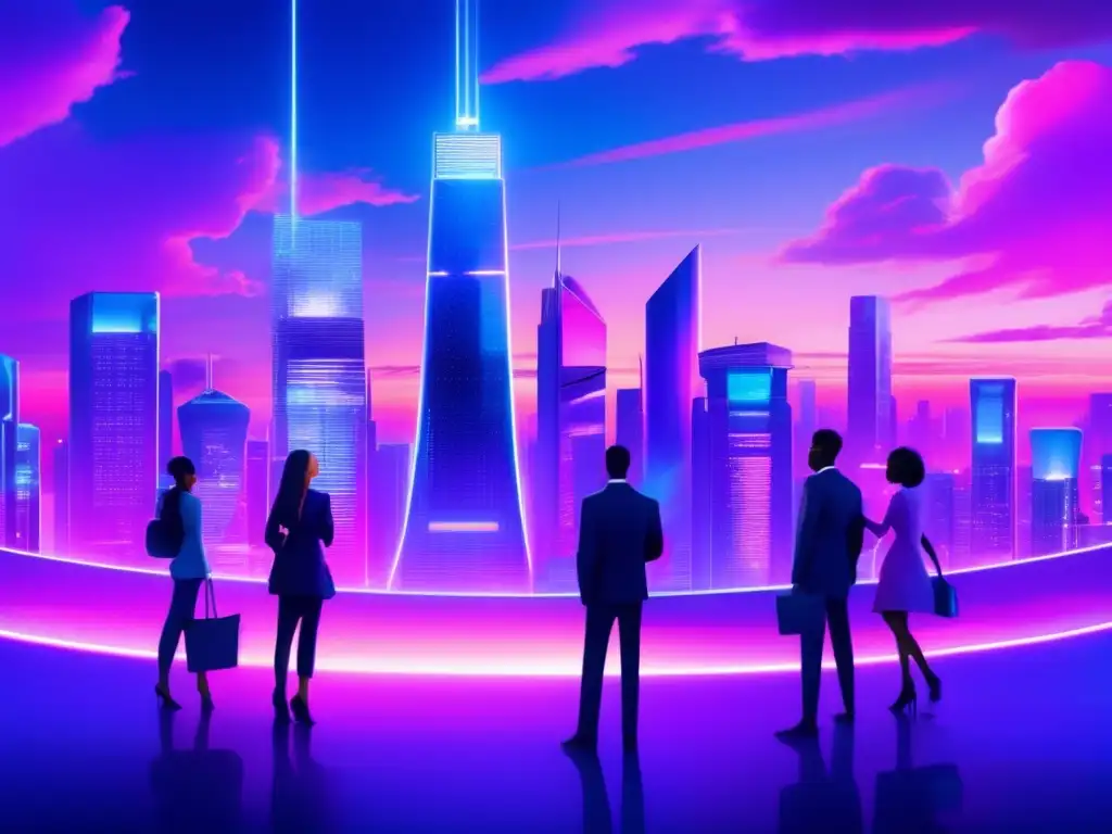Futurista ciudad con rascacielos y personas analizando criptomonedas Futurista ciudad con rascacielos de vidrio y acero iluminados por luces vibrantes
