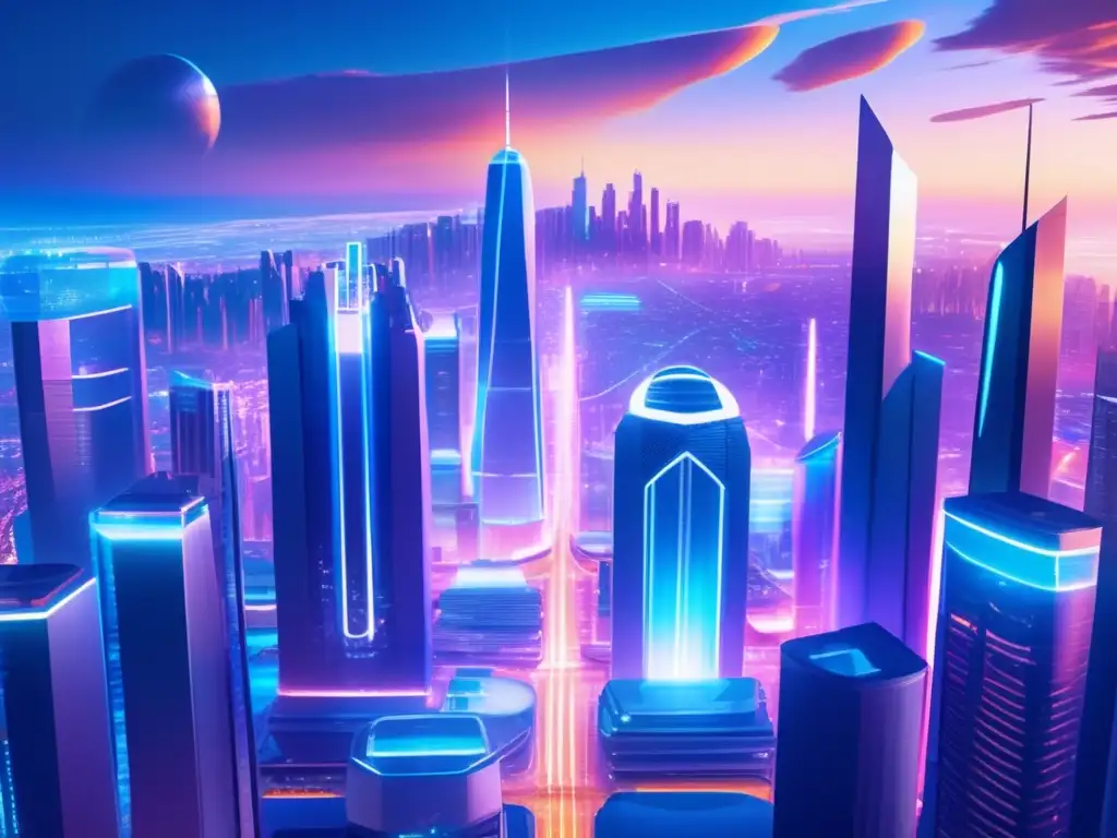 Futuro metropolitano con rascacielos brillantes Futurista ciudad con rascacielos de vidrio y acero, hologramas flotantes, transporte avanzado y naturaleza