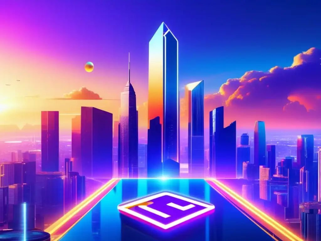 Ciudad futurista con rascacielos de vidrio y acero Futurista ciudad con rascacielos de vidrio y acero, reflejando colores del atardecer