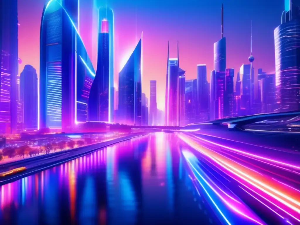 Ciudad futurista con rascacielos transparentes y luces neón Una futurista ciudad con rascacielos de vidrio transparente y acero reluciente, iluminada por luces de neón