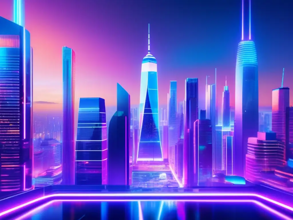 Futuro financiero en una ciudad digital Futurista ciudad con rascacielos de vidrio y acero, luces de neón vibrantes, anuncios holográficos y personas interactuando con datos financieros