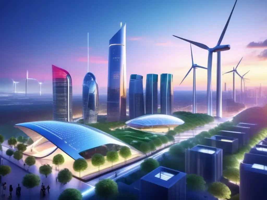 Futuro urbano tecnológico y sostenible Futurista ciudad con rascacielos de vidrio y acero, rodeada de naturaleza y turbinas eólicas