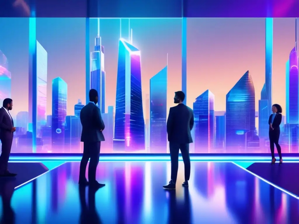 Futuro financiero: ciudad holográfica y profesionales confiables Innovación fintech para invertir en una futurista ciudad con rascacielos de vidrio y metal, hologramas financieros y profesionales confiables realizando transacciones seguras