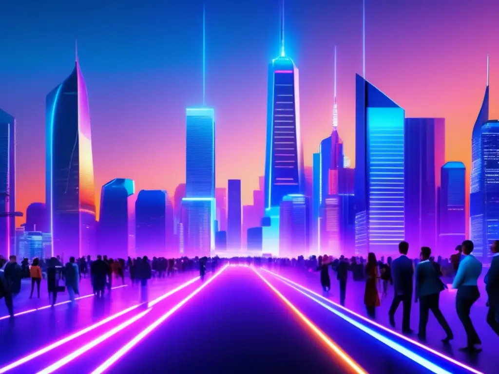 Ciudad futurista con rascacielos de vidrio y acero Futurista ciudad con rascacielos de vidrio y acero, luces neón y naturaleza