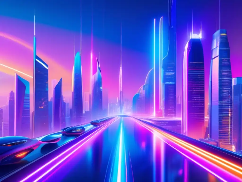 Futuroso ciudad con rascacielos y criptomonedas Futurista ciudad con rascacielos de vidrio y metal, iluminada por luces de neón
