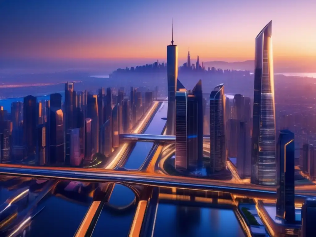 Futurista metrópolis al atardecer Futurista ciudad al anochecer con rascacielos de vidrio, autos autónomos y trenes de alta velocidad