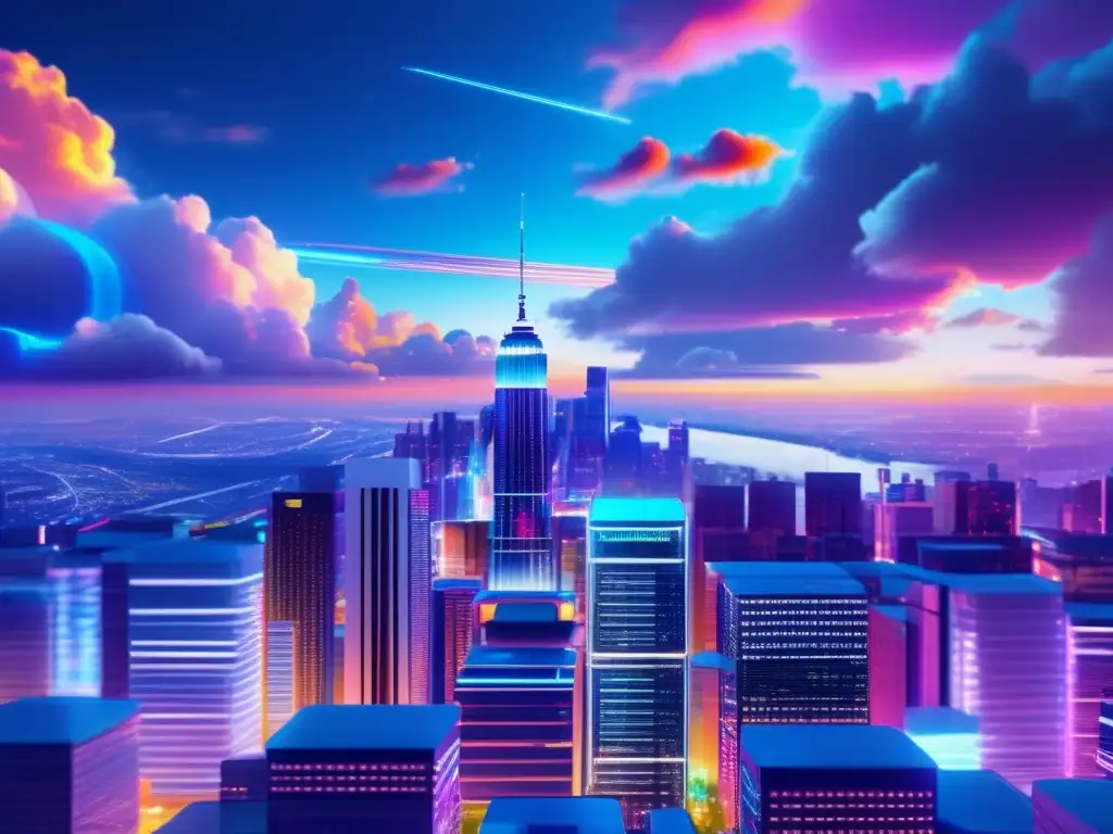 Metropolis futurista: Integración tecnológica y vida urbana Futurista ciudad con rascacielos de vidrio y acero, iluminada por luces neón y abrazada por nubes blancas
