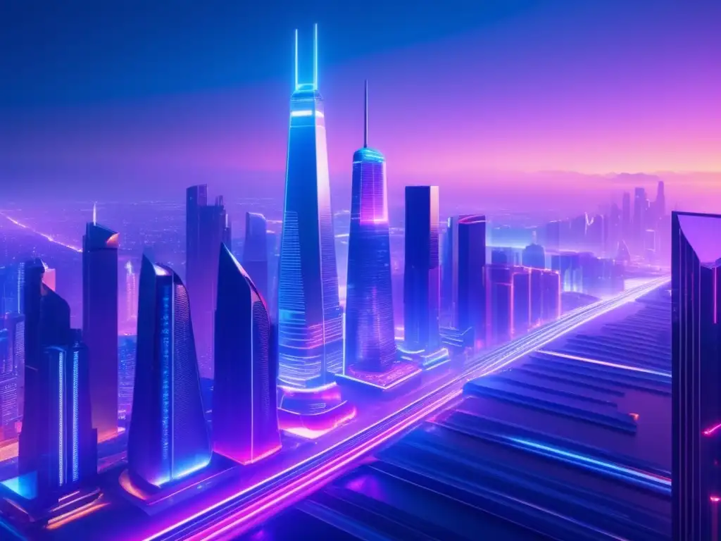 Futurista ciudad holográfica con rascacielos de cristal y acero Futurista ciudad con rascacielos de vidrio y acero, luces de neón, tecnología vanguardista y colores modernos